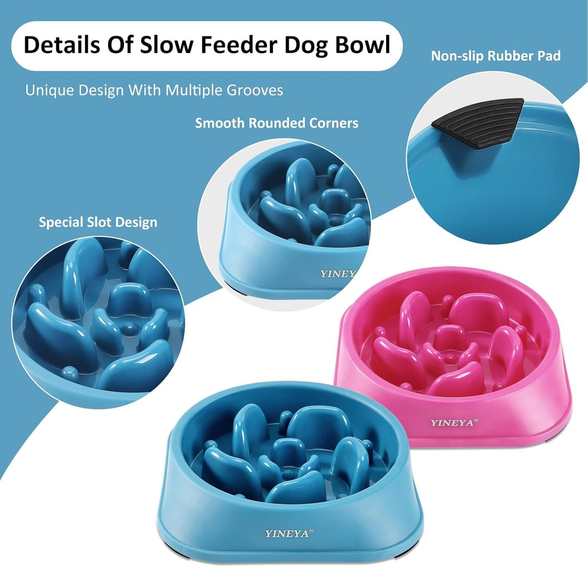 YINEYA Slow Feeder Dog Bowl for Medium Dogs - Medium / A - DarkBlue & RoseRed - image 4