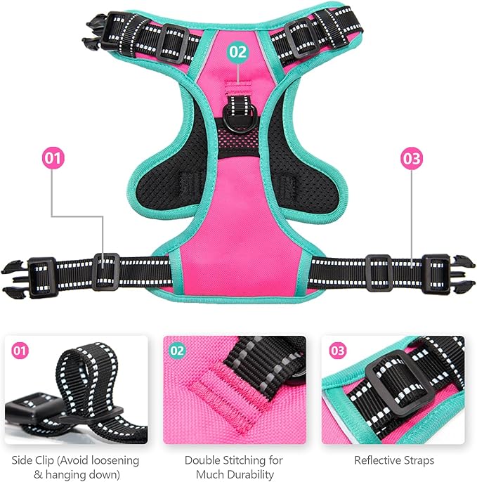 PHOEPET 2019 Upgraded No Pull Dog Harness, Reflective Adjustable Vest, with a Training Handle + 2 Metal Leash Hooks+ 3 Snap Buckles +4 Slide Buckles(S, Pink)