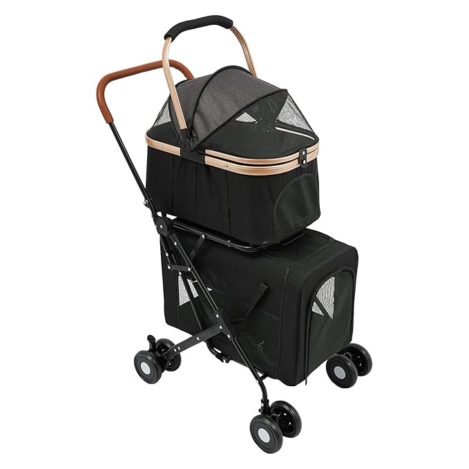 Foldable Pet Stroller for Small & Medium Dogs, Double Dog & Cat Stroller with 3-in-1 Travel System, Detachable Pet Carrier with Wheels for Cats and Dogs up to 77 lbs, Black