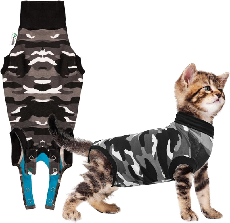 Suitical Cat Recovery Suit for Spay, Neuter, Suture, Incision - Black Camouflage / XS