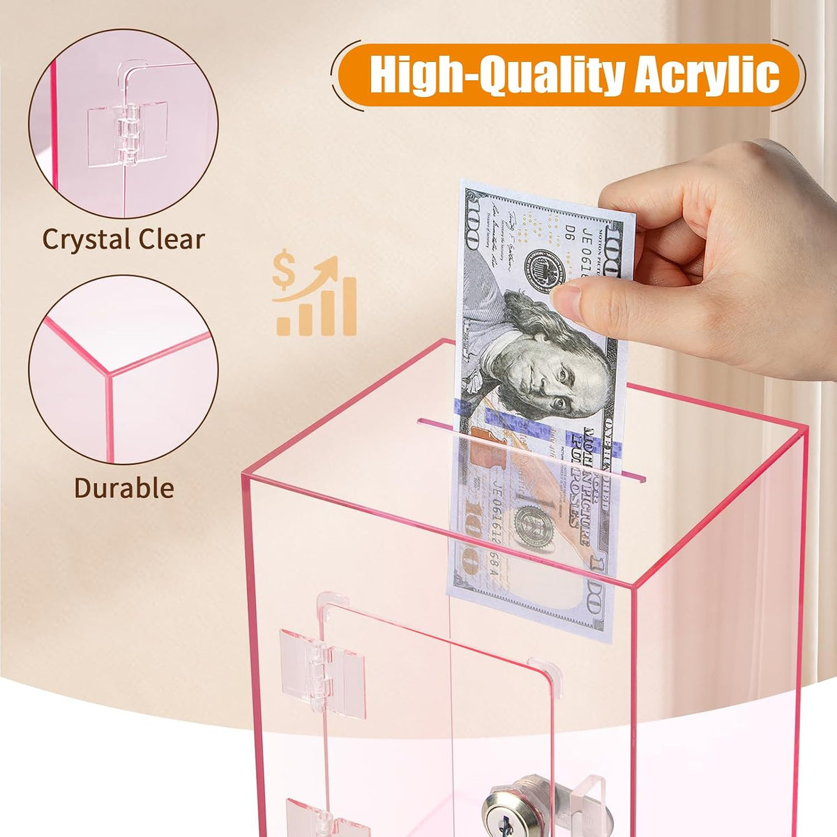 Hicocool Clear Acrylic Piggy Bank with Lock & Key - Pink - image 4