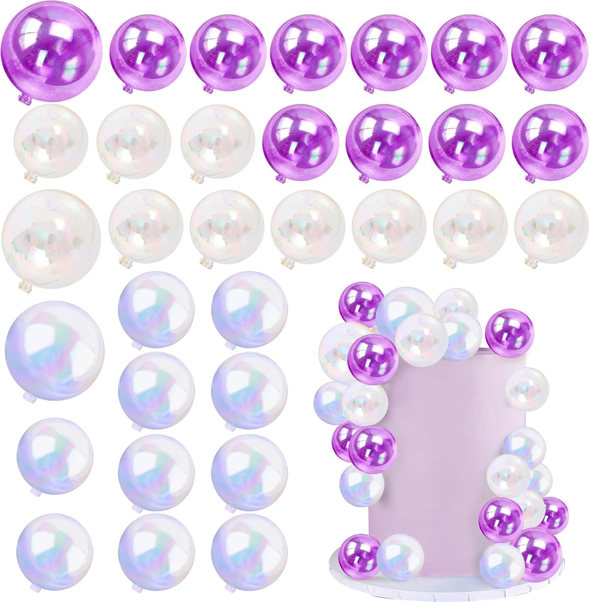 32 PCS Colorful Ball Shaped Cake Topper Pearl Balls Cupcake Cake - White Clear Purple and Clear