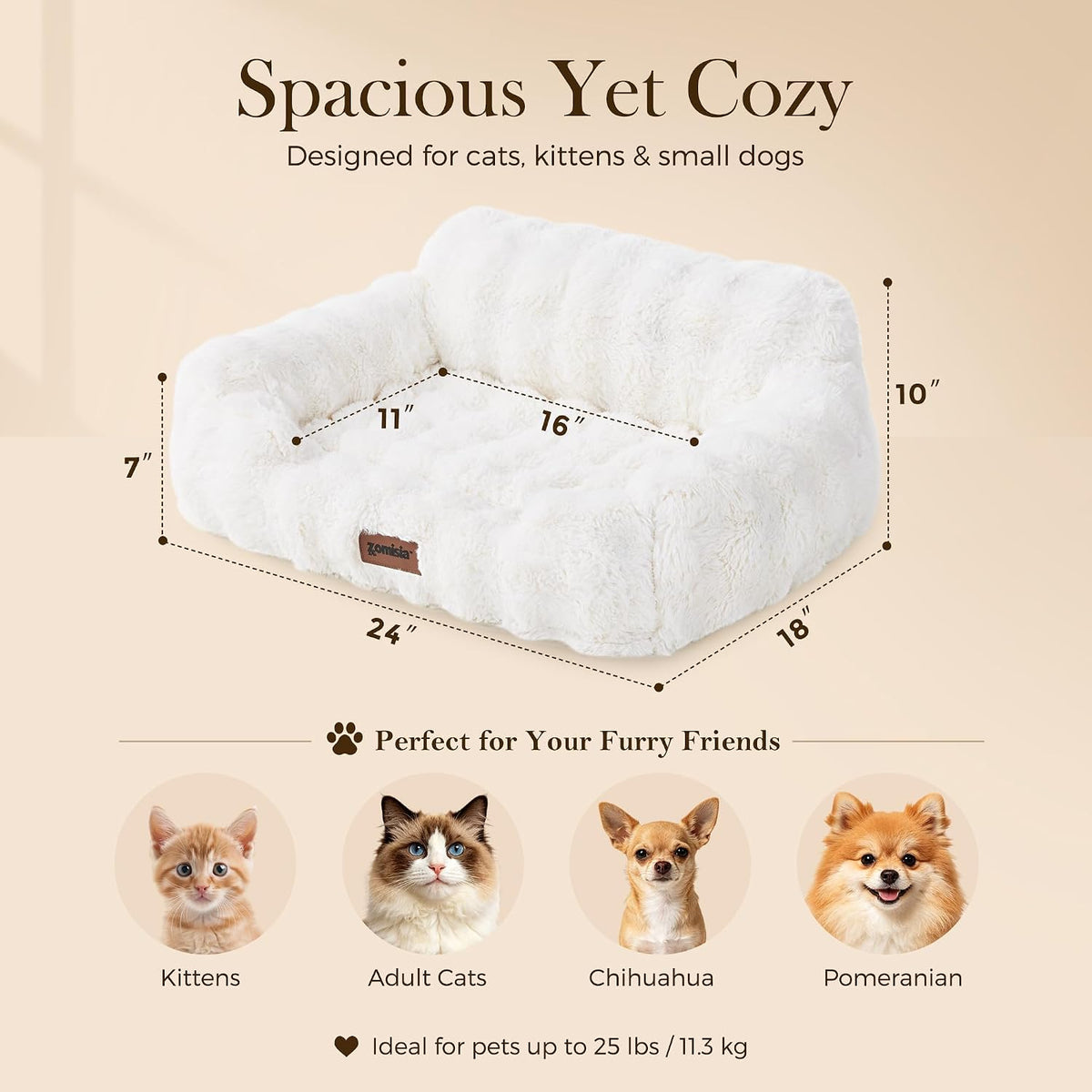 Orthopedic Cat Couch Bed for Indoor Cats - 24.0"L x 18.0"W x 10"Th / Ivory White - image 2
