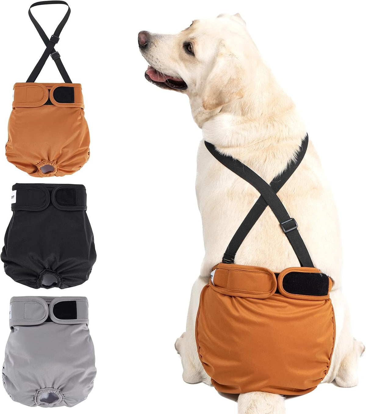 Avont 3 Pack Washable Female Dog Diaper with Suspender - Brown/Black/Grey / L
