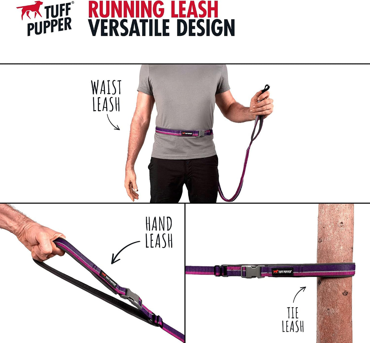 Tuff Pupper Hands Free Adjustable Length Dog Leash - Punch Purple / Bungee - image 3