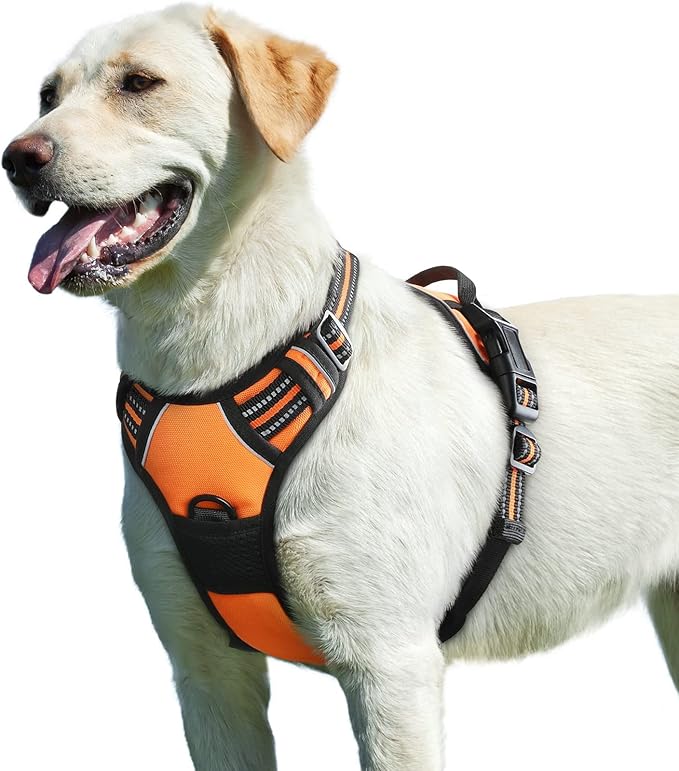 Eagloo Dog Harness for Large Dogs, No Pull Service Vest with Reflective Strips and Control Handle, Adjustable and Comfortable for Walking, No Choke Pet Harness with 2 Metal Rings, Orange, L