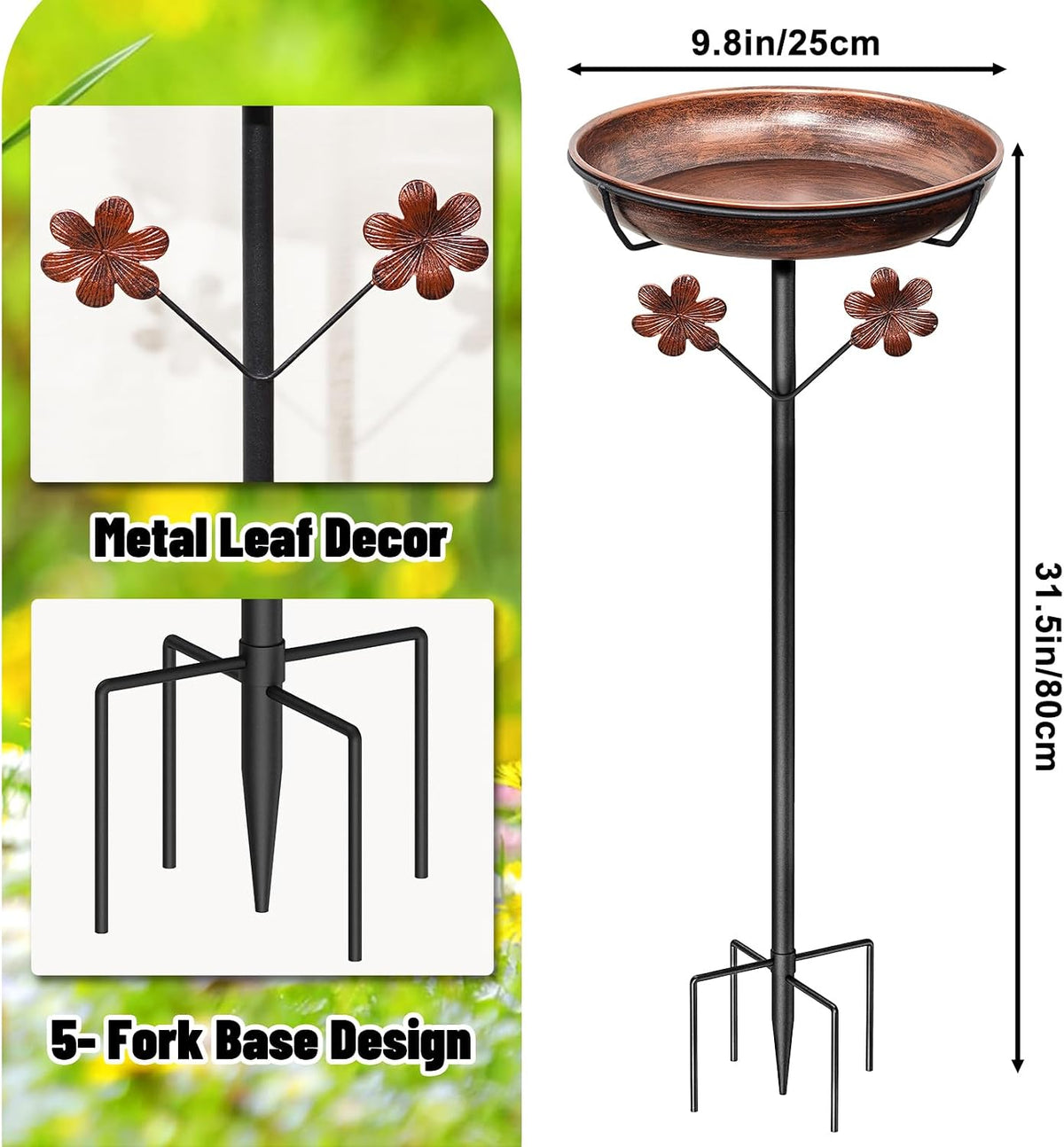 Metal Bird Bath for Outside - Vintage Brown, Flowers - image 3