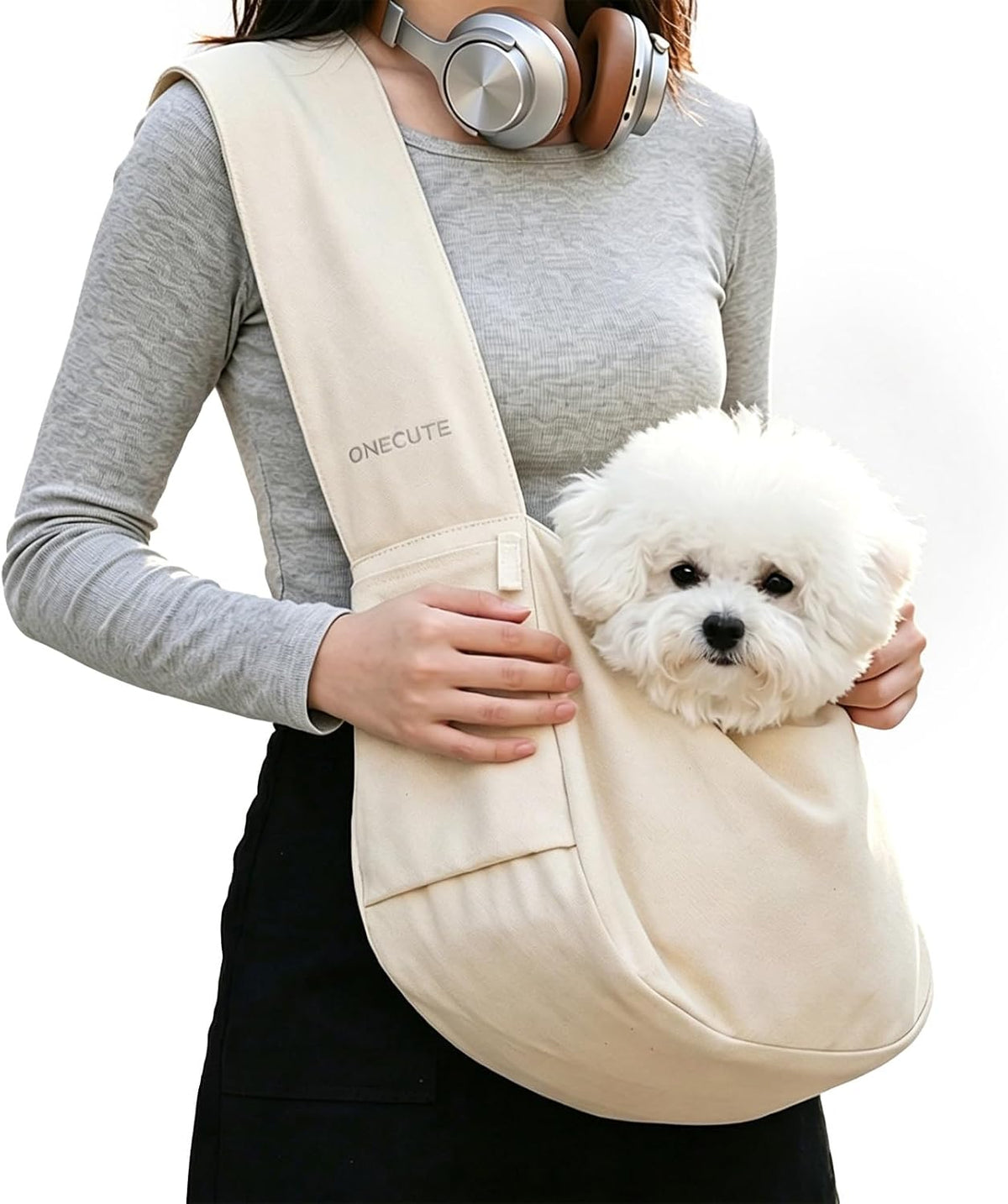 ONECUTE Dog Purse Carrier for Small Dogs Rabbit cat with Large Pockets - Beige Sling / 15.7"L x 5.9"W x 8.6"H