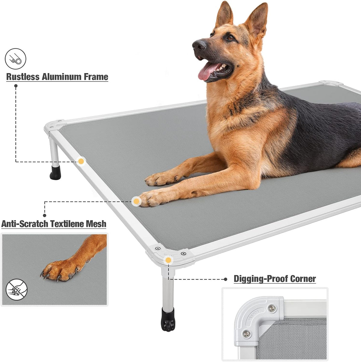 Veehoo Chew Proof Elevated Dog Bed, Cooling Raised Pet Cot - Gray / 59.0"L x 37.5"W x 9.0"Th - image 3