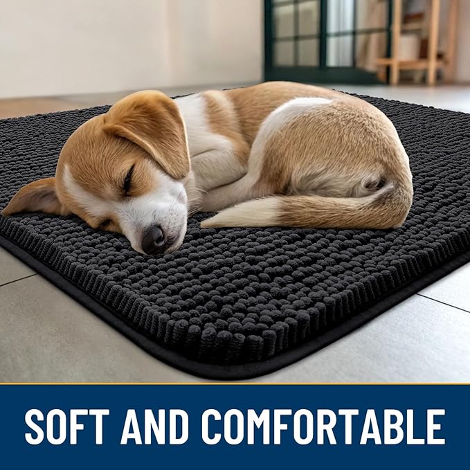 Smiry Dog Door Mat for Muddy Paws 40x32, Absorbs Moisture and Dirt Doormat, Non-Slip Washable Quick Dry Chenille Front Door Mat Indoor Entrance, Entryway Carpet for Inside Floor, Black