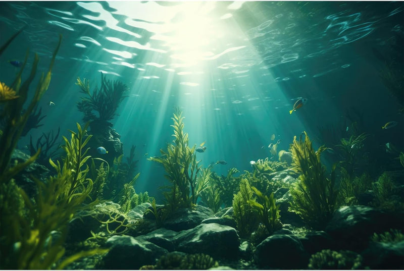 Under The Sea Aquarium Background Turquoise Underwater World Theme - 36(W)x18(H)in / Green