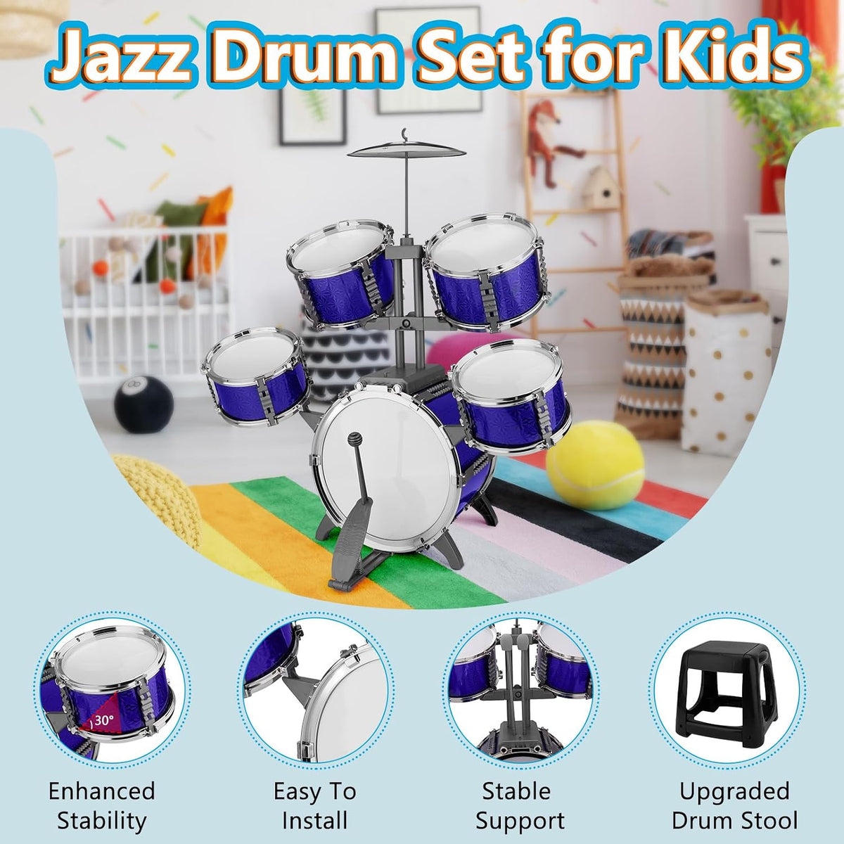 Toddlers Drum Set Kids Jazz Band Rock Kit for 3-5 Boys Girls Music Toy – Fun for Kids & Family - Blue - image 3