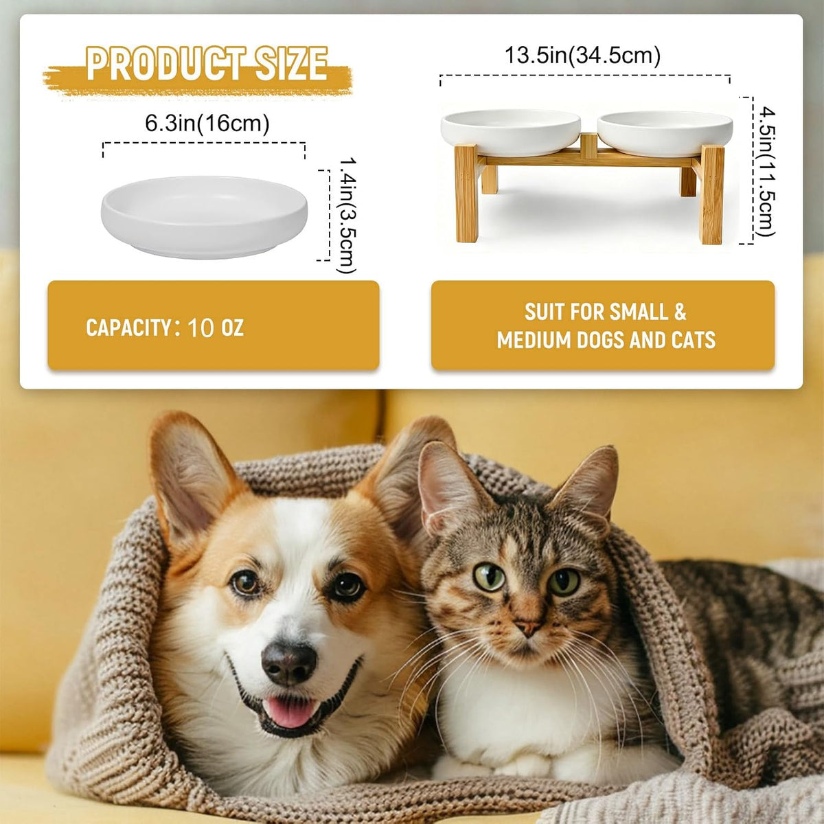 Ceramic Cat Bowls, Shallow Cat Dishes for Food and Water - White elevated - image 2