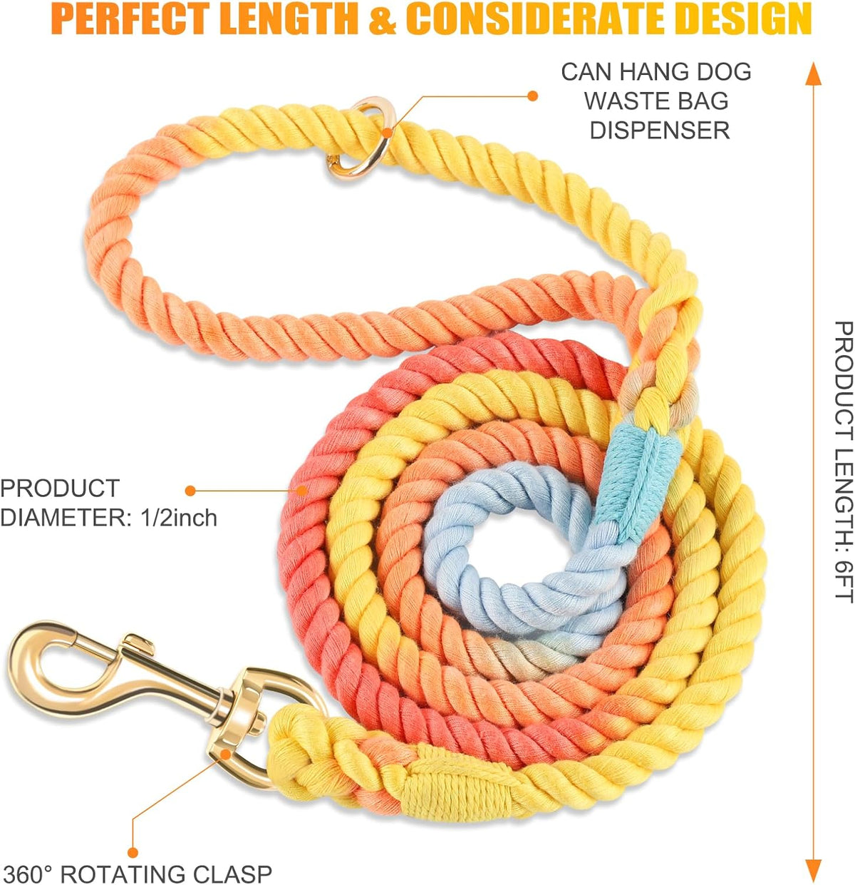 5 FT Handmade Rope Dog Leash for Small Medium and Large Dogs – Essentials for Dogs - 6FT x 1/2in (Pack of 1) / Colorful Rainbow - image 2