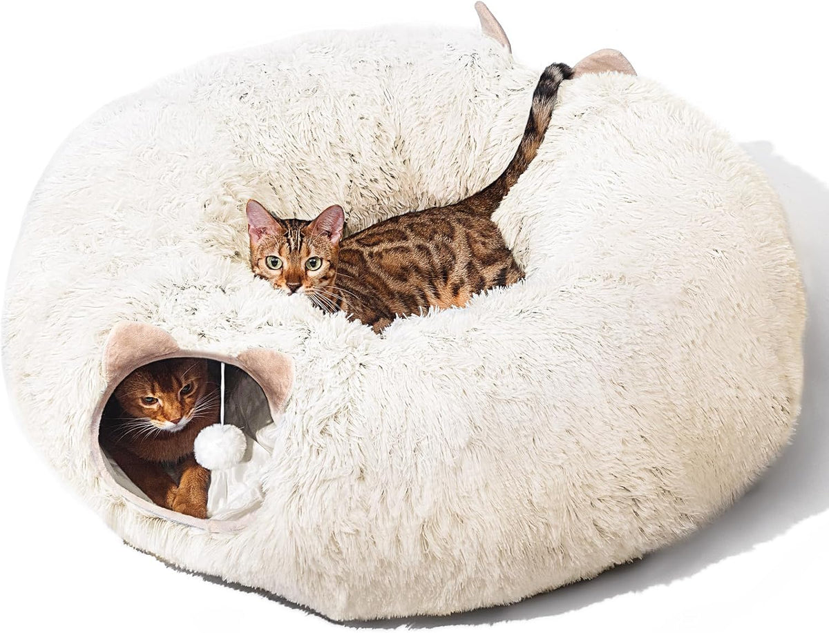 Cat Tunnel with Cat Bed for Indoor Cats - Cream white