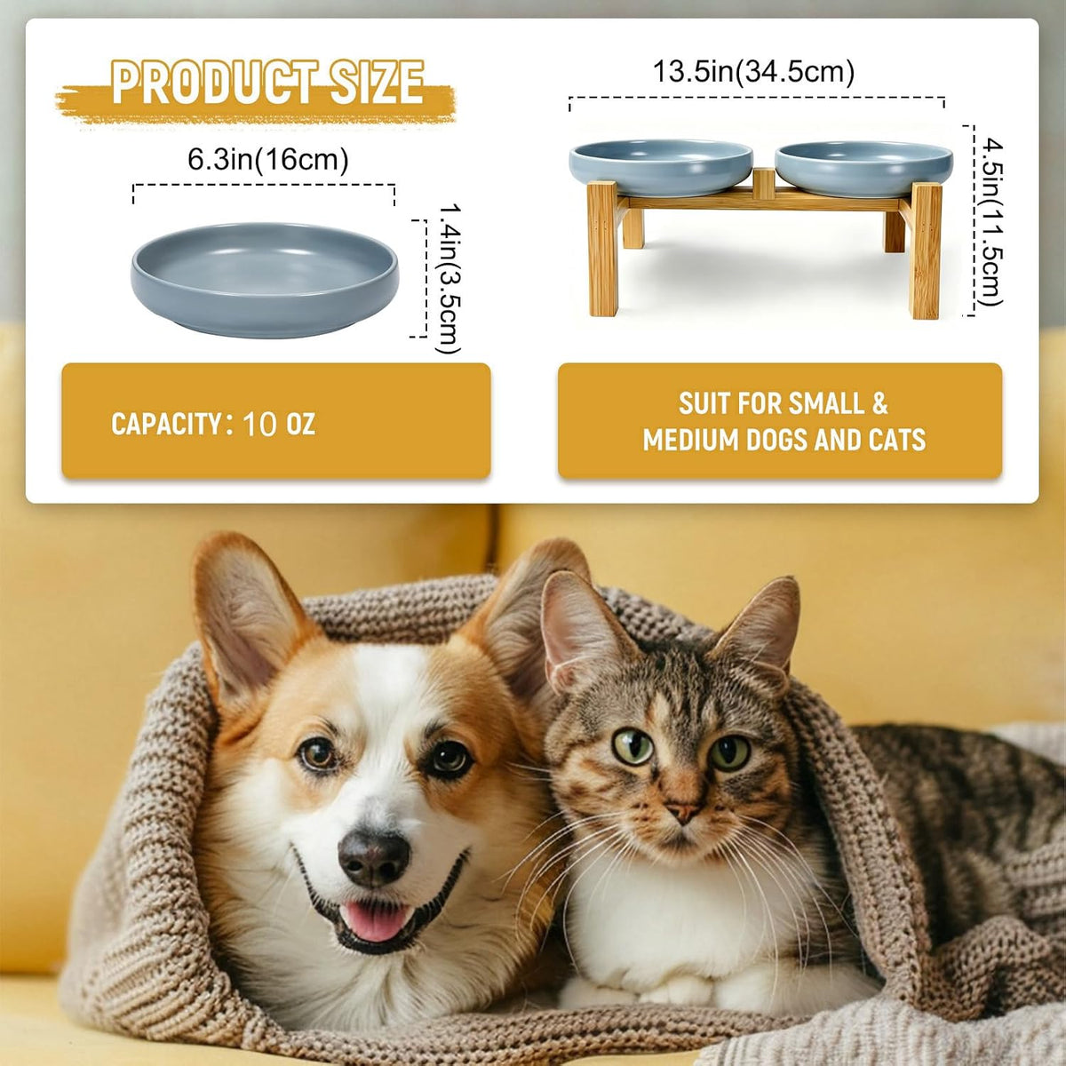 Ceramic Cat Bowls, Shallow Cat Dishes for Food and Water - Grey elevated - image 2
