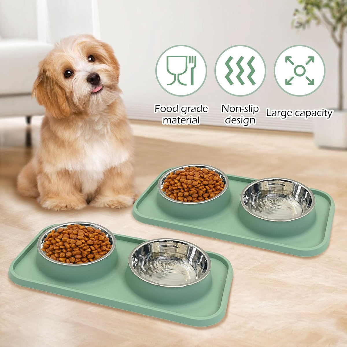 BNOSDM Double Dog Food Bowls Stainless Steel Dog Food and Water Bowls - Green【Set of 2】 - image 4