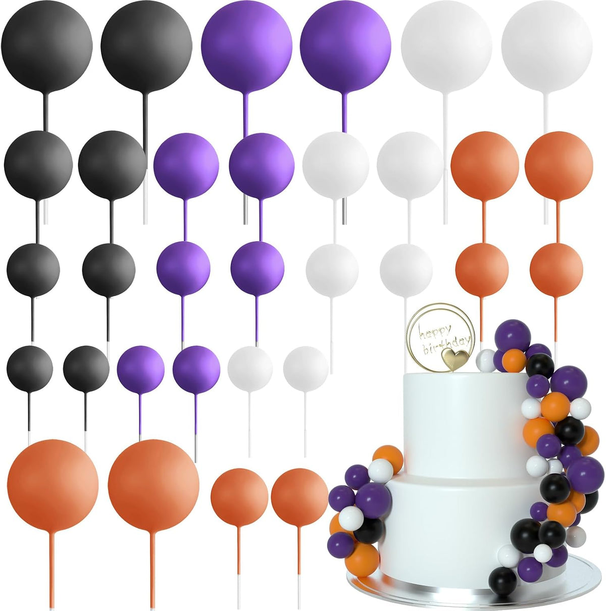 ASTARON 32 Pcs Foam Balls Cake Topper Decorations for Party Cake - Orange，black，purple