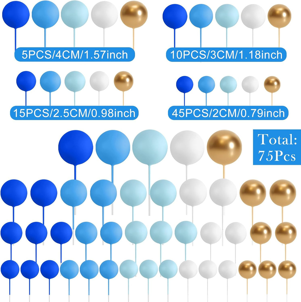 75 Pieces Cake Balls Topper Decorations Foam Cupcake Topper Mini - Blue Gold White Series - image 2