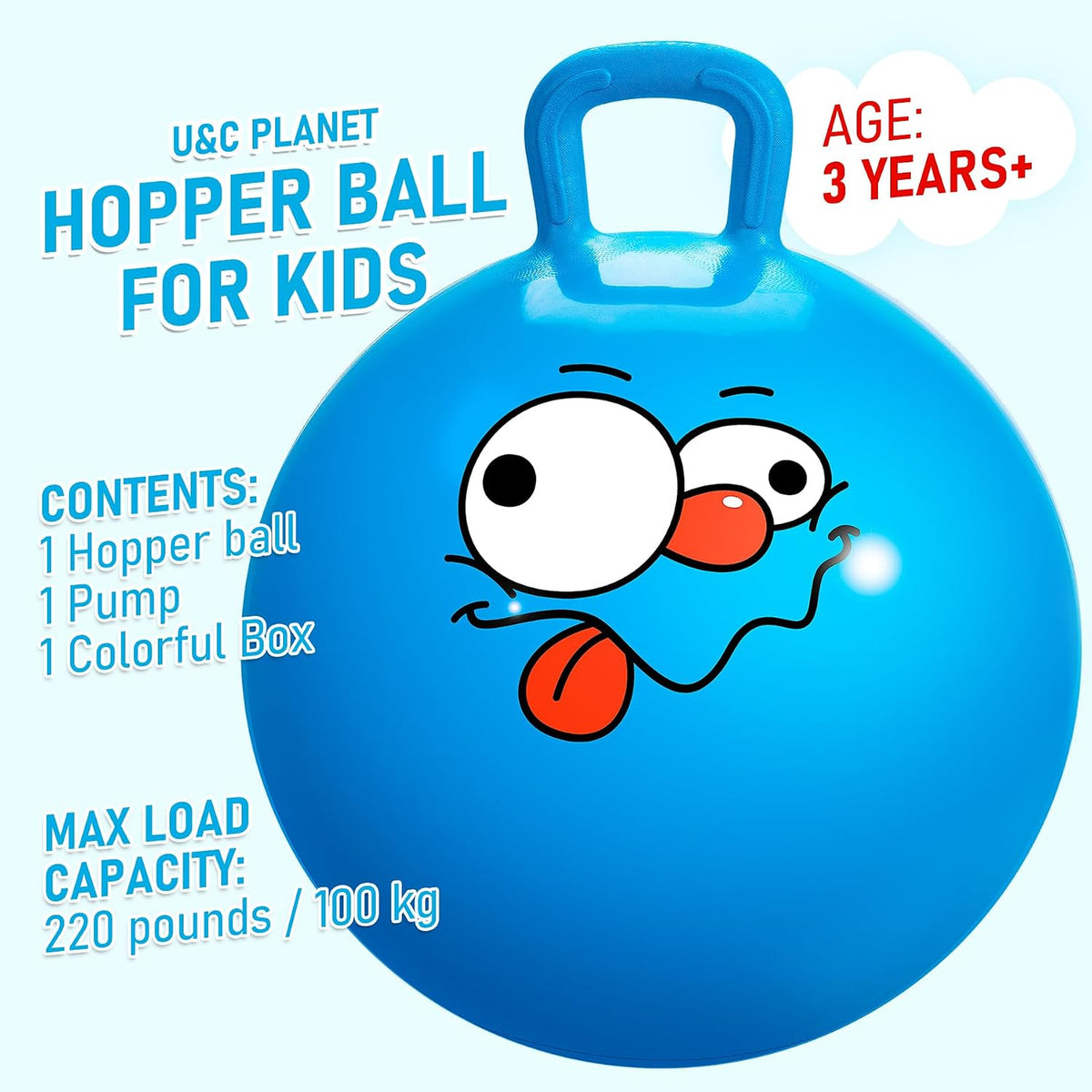U&C Planet Hopper Ball, 18In Bouncy Ball with Handle for Kids Ages 3-6 – Fun for Kids & Family - 3-6 Years / Blue Ghostface - image 2