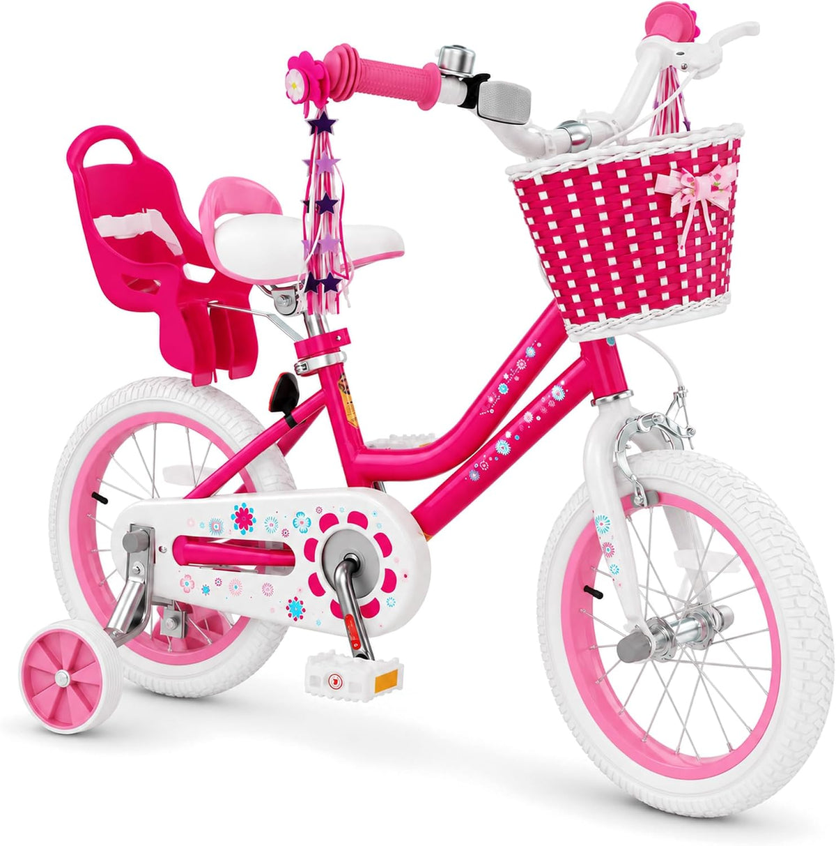 KORIMEFA girls bike with training wheels, basket and streamers in Rose Red - view 2