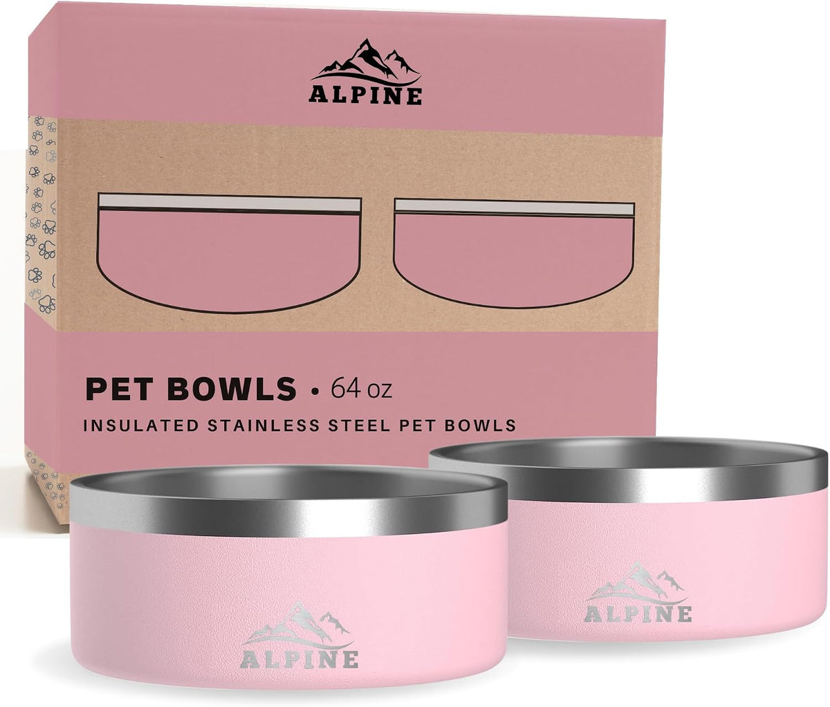 Alpine Set of 2 Stainless Steel Dog Bowls, Non Slip - 64 oz / Pink
