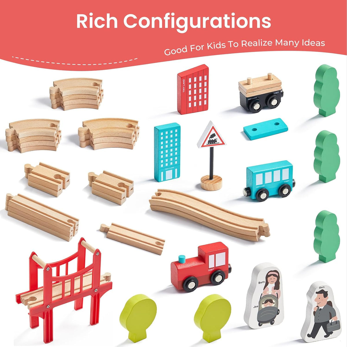 Tiny Land 39 Pcs Wooden Train Set for Toddler Ages3+ with Wooden - 39PCS Train Set - image 3