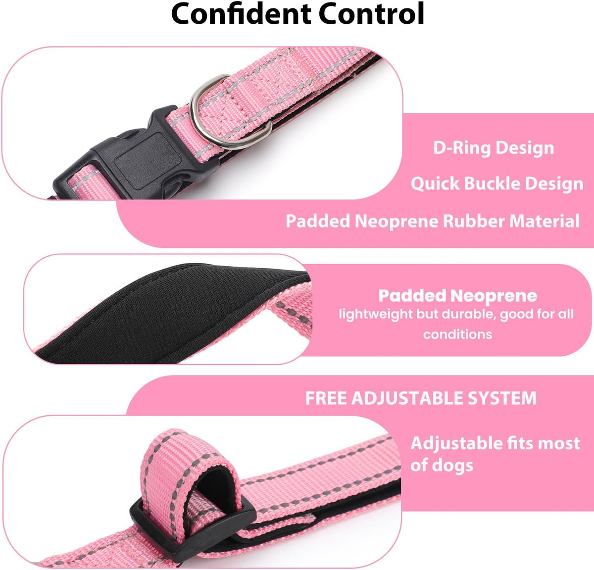 Reflective Dog Collar, Adjustable Nylon for Medium Dogs - Pink / S:width 5/8"neck 10.5-16" - image 4
