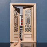 iLAND 1:12 scale unfinished wooden dollhouse door with 3D acrylic windowpane and gold handle