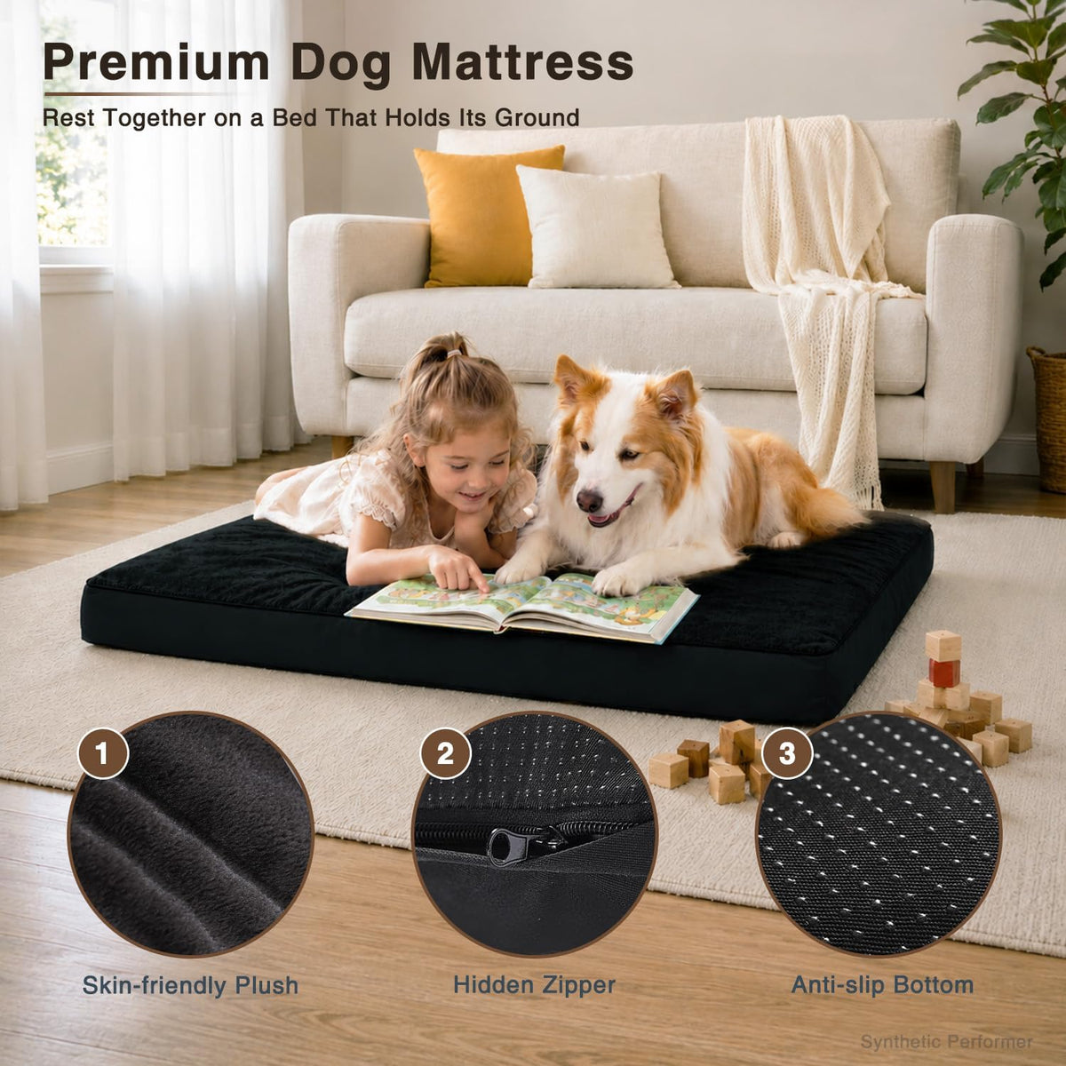 Large Plush Dog Bed for Crate with Washable Cover, 35x22 - 41.0"L x 27.0"W x 3.0"Th / Black - image 2