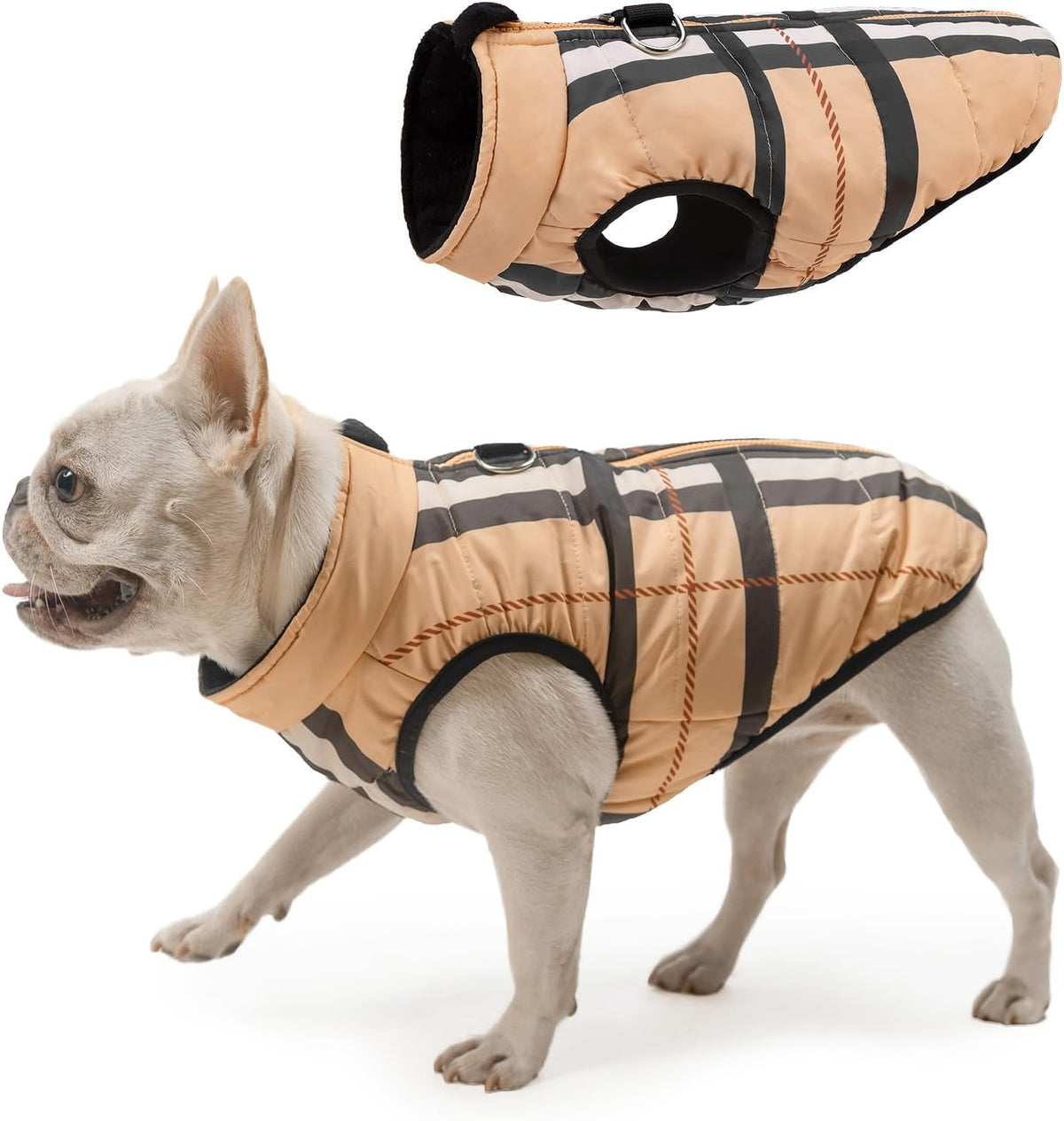 Winter Dog Vest Coat with Harness Built in – Essentials for Dogs - #2 Beige Bar Plaid-Gloss / L(Chest 19")-Regular