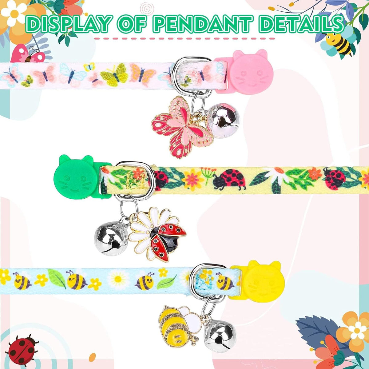 PUPTECK Halloween Cat Collar Breakaway with Bells, Kitten Outfit – Essentials for Cats - Pink&Yellow&Green / NECK (7.87"-11.8") - image 3