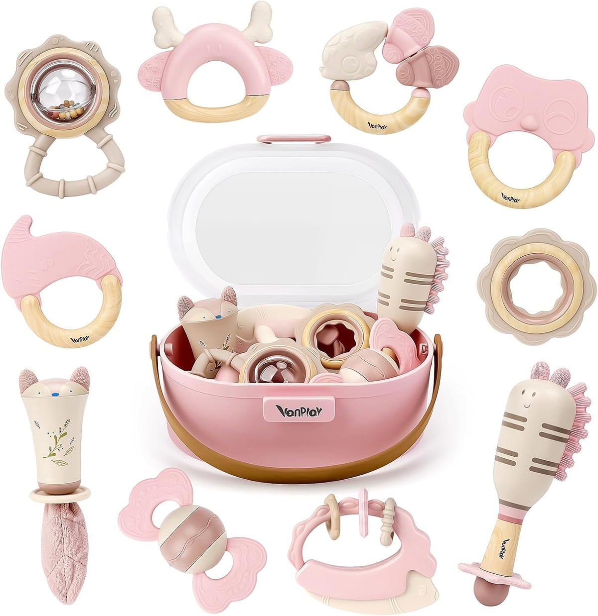 Baby Rattles & Teethers Set, Baby Toys 0-6 Months - 10 PCS(PINK)