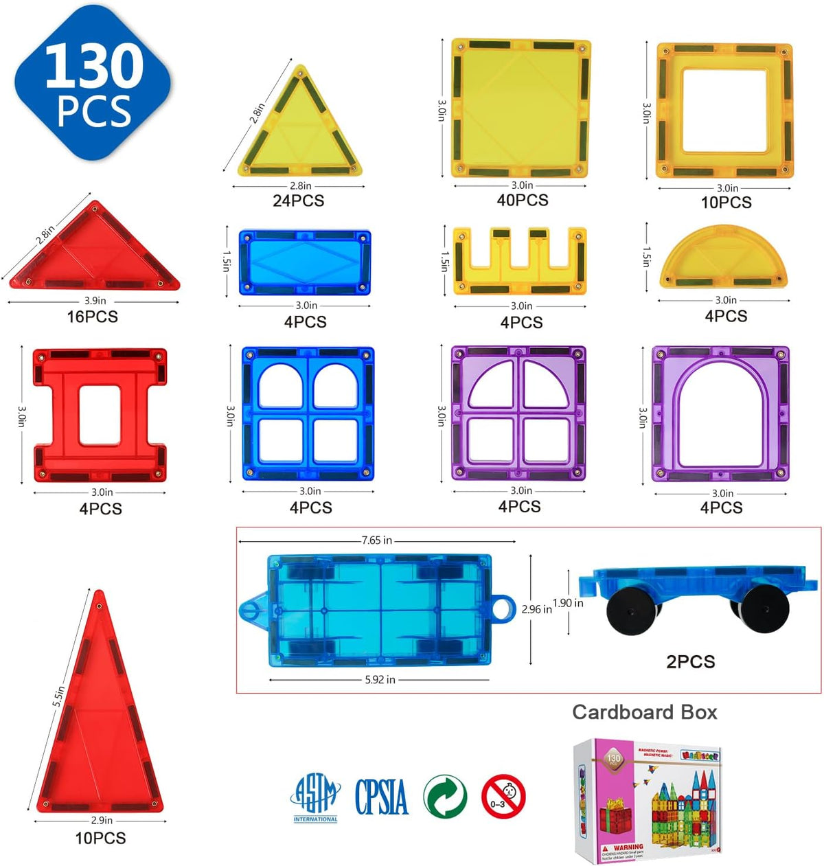 Magnetic Tiles Kids Magnetic Blocks 32PCS Building Sets for Kids Ages - 130pcs Magnetic Tiles With 2 Cars - image 2