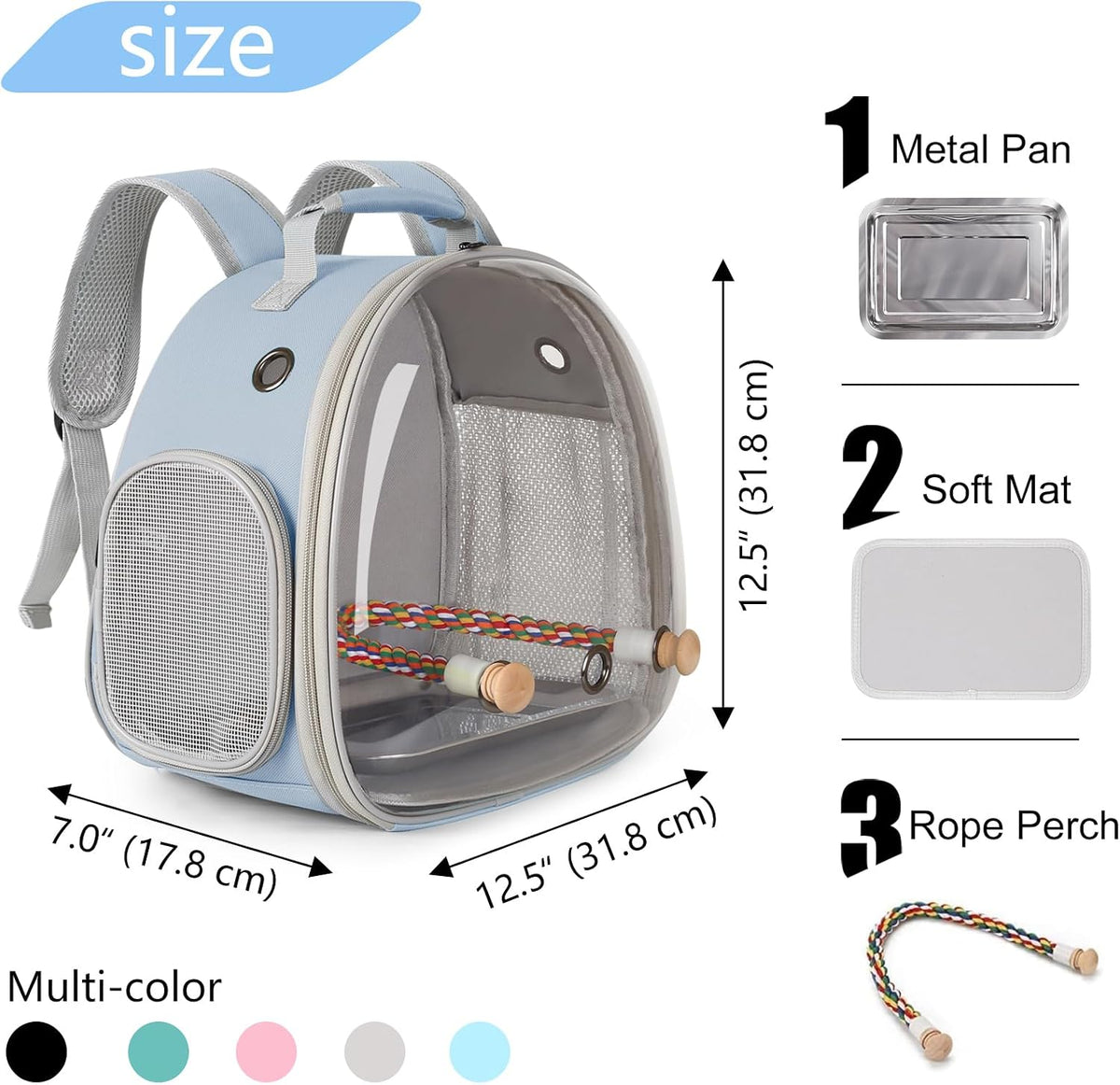 Small Bird Travel Backpack Carrier Cage - Blue / Clear Bubble + Tray - image 2