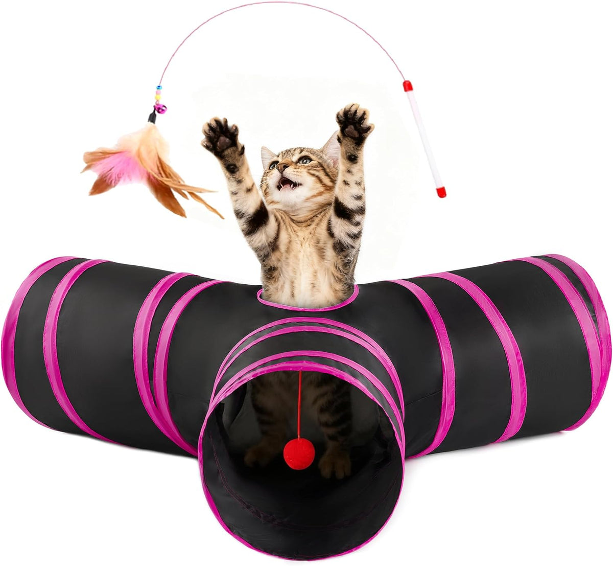 Love's cabin Cat Tunnel for Indoor Cats - Black&Rose Red / M (31"x17"x11")