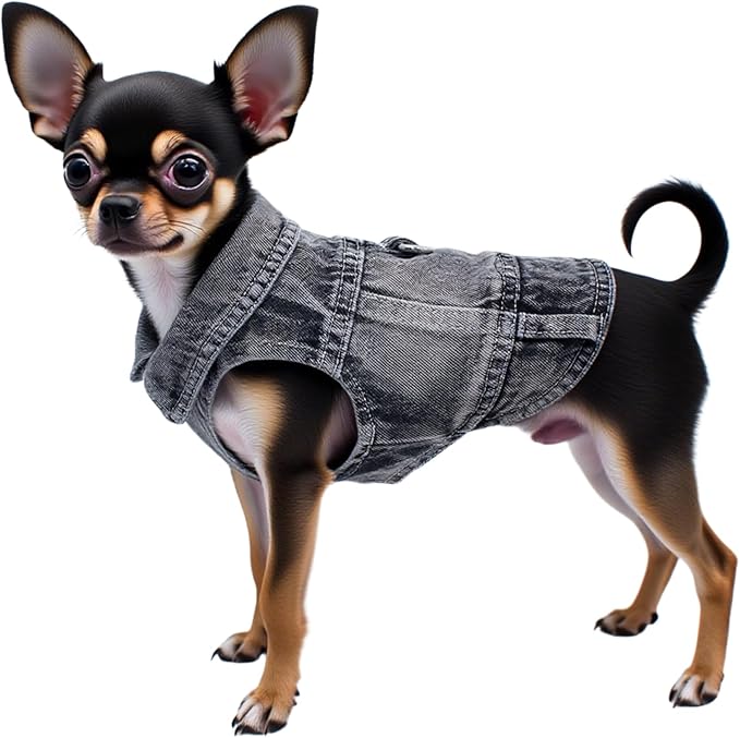 Puppy Clothes for Small Dogs Boy,Classic Western Denim Dog Coat,Dog Jeans Jacket with Leash D-Ring,Pet Cat Costumes,Cooling Harness Vest for Walking (Black, XX-Large)