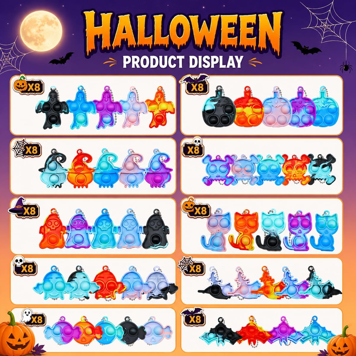 FORLINX mini Halloween pop fidget keychains shaped like cats, pumpkins, ghosts and bats - view 2