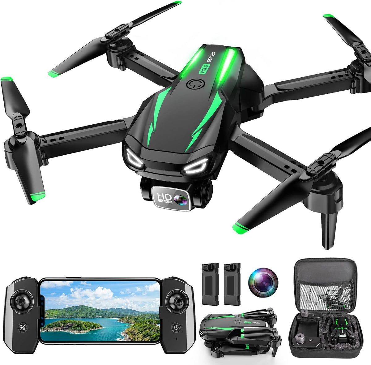 Drone with 1080P Camera, Foldable Remote Control Quadcopter for Adults Beginners, Mini Drone - Black Green