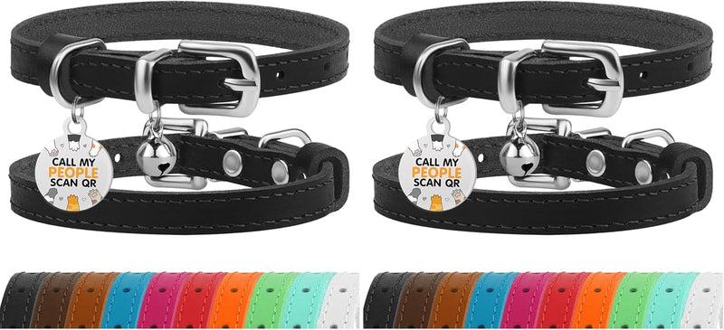 Leather Cat Collar, Removable Bells, QR Tag – Essentials for Cats - 7 - 9 inch (Pack of 2) / Black & Silver