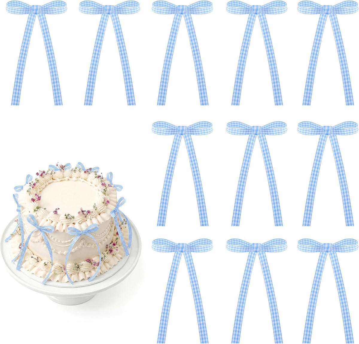 30 Pack Bow Cake Toppers Black Ribbon Bows for Cake Halloween Party - Blue Plaid