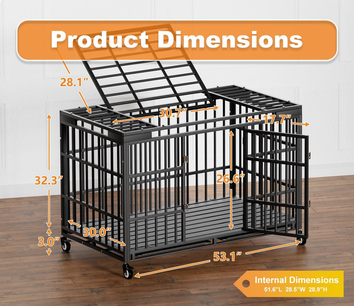 48 Inch Heavy Duty Dog Crate with Wheels - 53.1"L x 30.0"W x 32.3"H - image 2