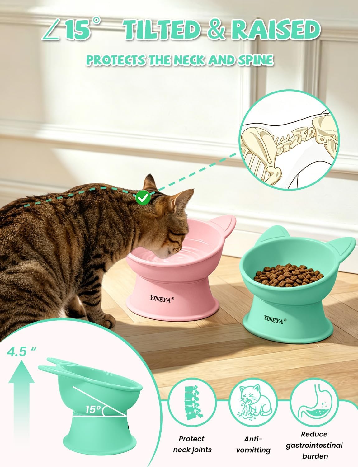 YINEYA 2 Pack Cat Food Bowls Elevated Design for Neck Comfort - Pink&Green - image 2