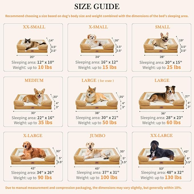 Comfort Expression Jumbo Dog Beds Orthopedic Foam, Waterproof Dog Beds for Jumbo Breed Dogs, PV Washable Dogs Sofa Couch with Removable Cover & Non-Slip Bottom(Khaki)