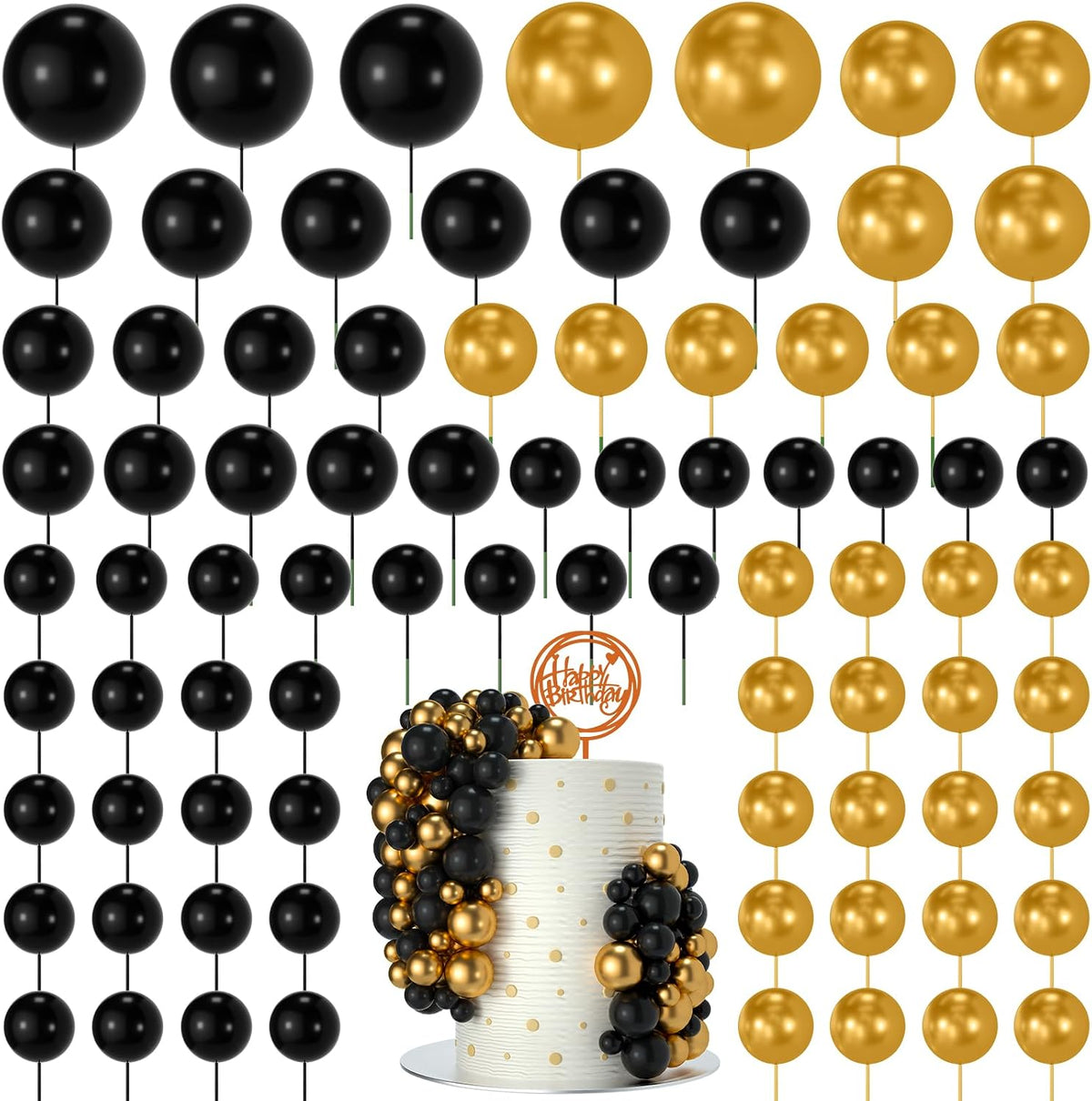 NACHLYNN 80 Pcs Cake Balls Decorations Mini Balloon Cake Topper Balls - Black Gold