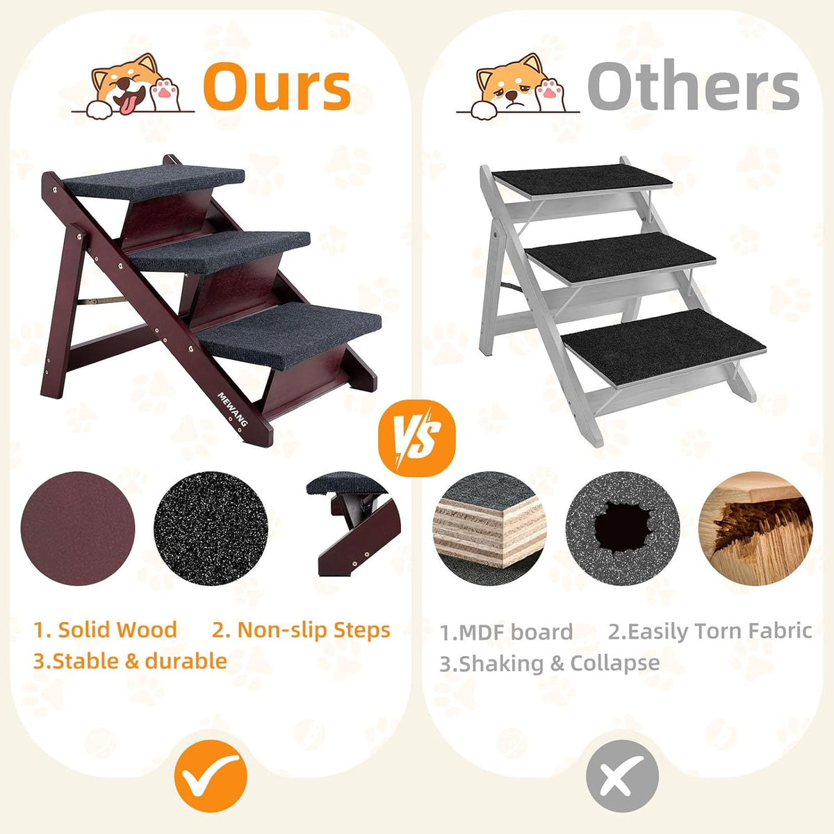 MEWANG Wooden Pet Stairs - 2 Step Foldable Ramp for Senior Dogs & Cats – Essentials for Dogs - 3 Steps – For Sofas & Low Beds (18–26 in) / 1 / 24.8" L x 17.2" W x 19.5" H - image 3