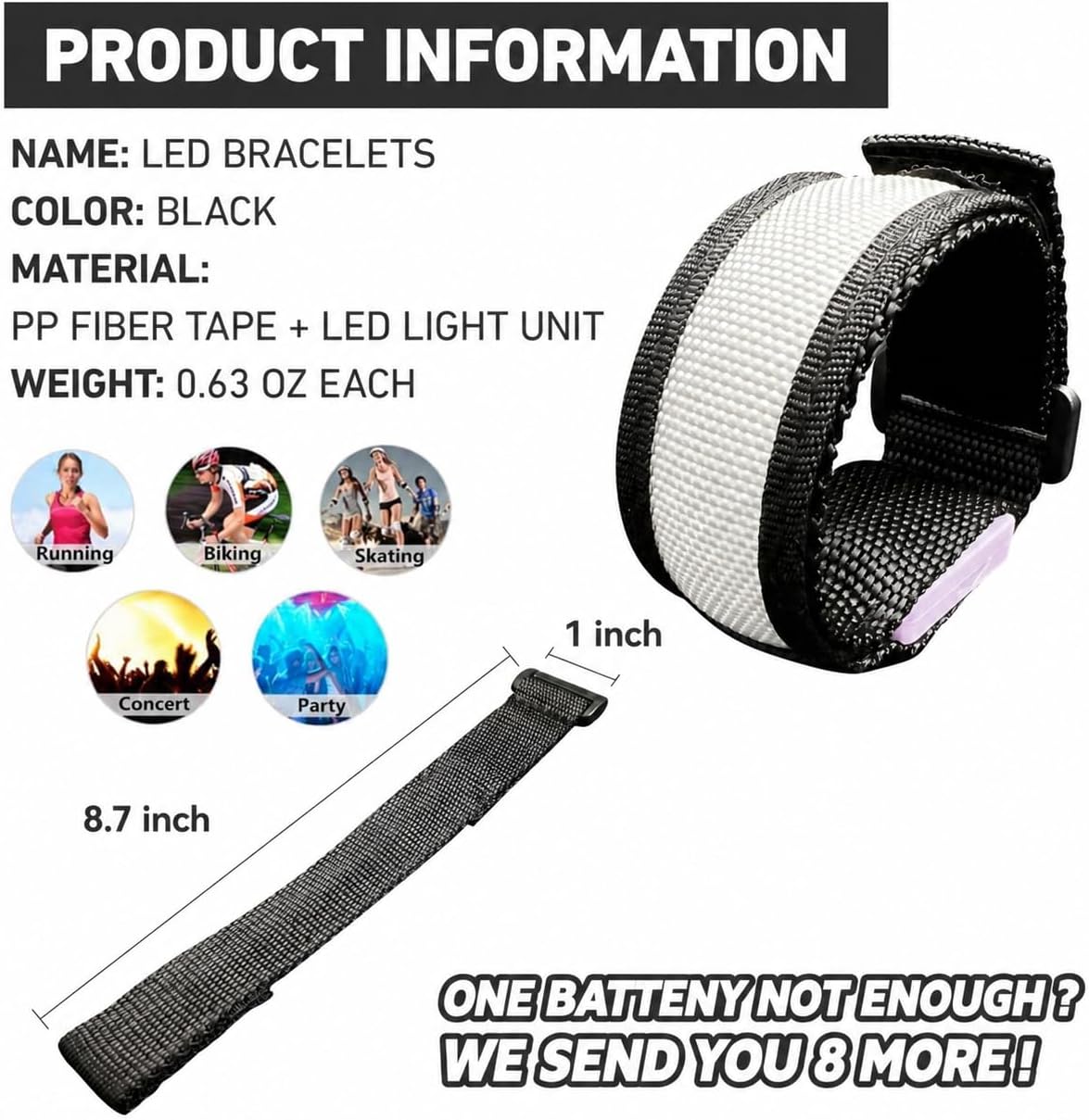 KIRALUMI 8 Pack LED Light Up Bracelets, 3 Modes - Black - 8 PCS - image 2