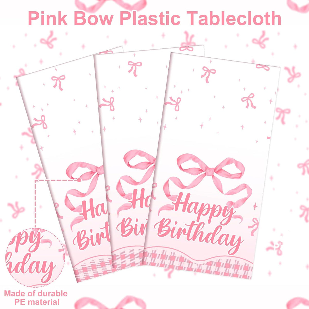 3 Pack Plastic Birthday Tablecloth - Pink Bow - image 3