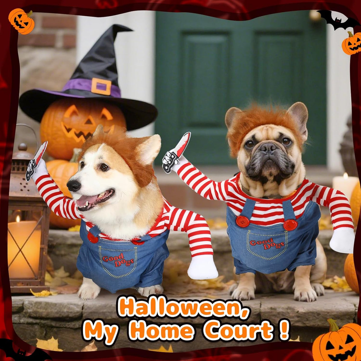 T2Y Chucky dog costume in denim with wig and detachable felt knife for large dogs - view 4