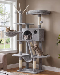 Hey-brother Cat Tree Tower with Padded Platform Bed, Hammock - 53 Inch / Light Gray